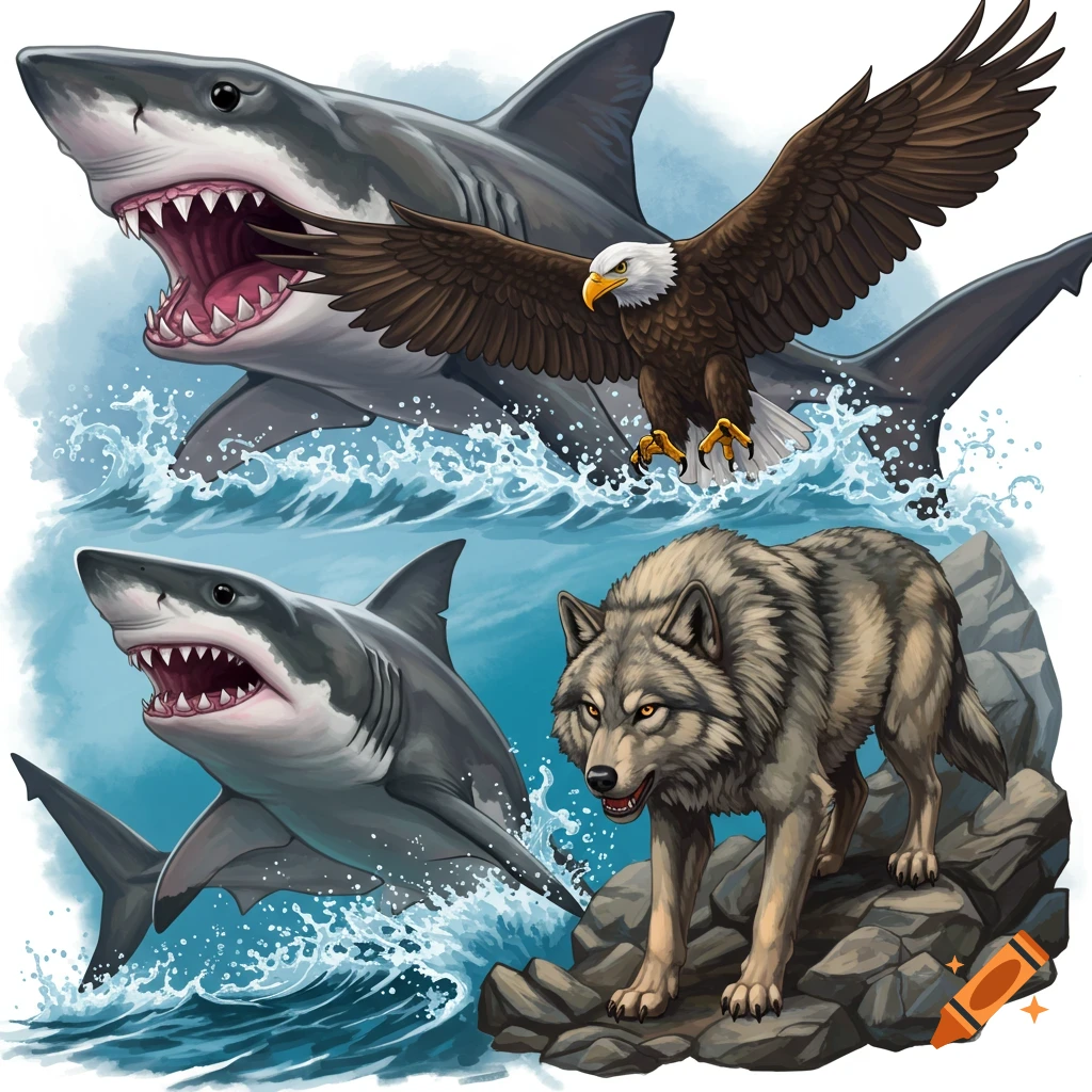 Illustration of sharks in water, an eagle flying above, and a wolf standing on rocks.
