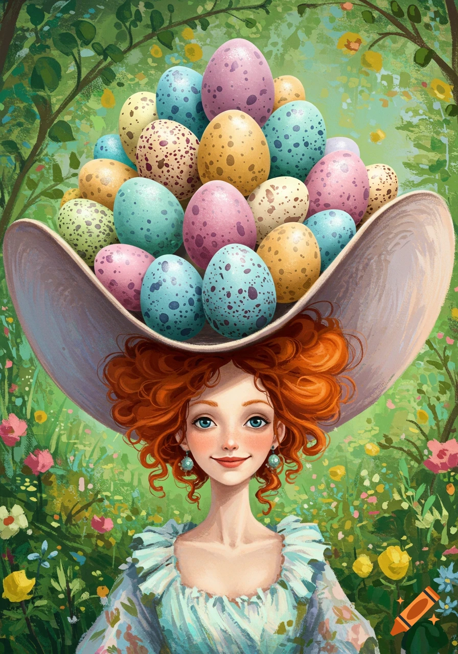 Painting of a woman wearing a large hat full of colorful Easter eggs in a garden.