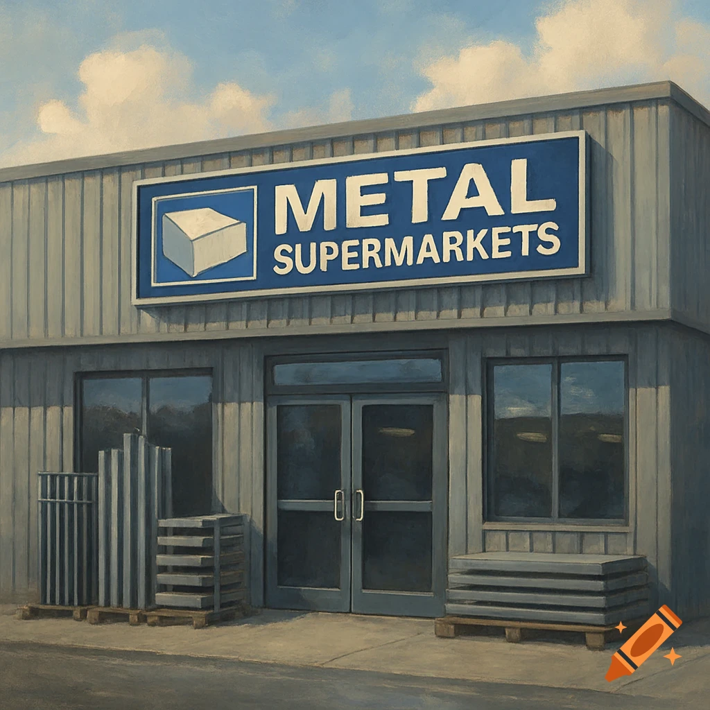 Painting of a "METAL SUPERMARKETS" building facade with metal sheets and bars outside.