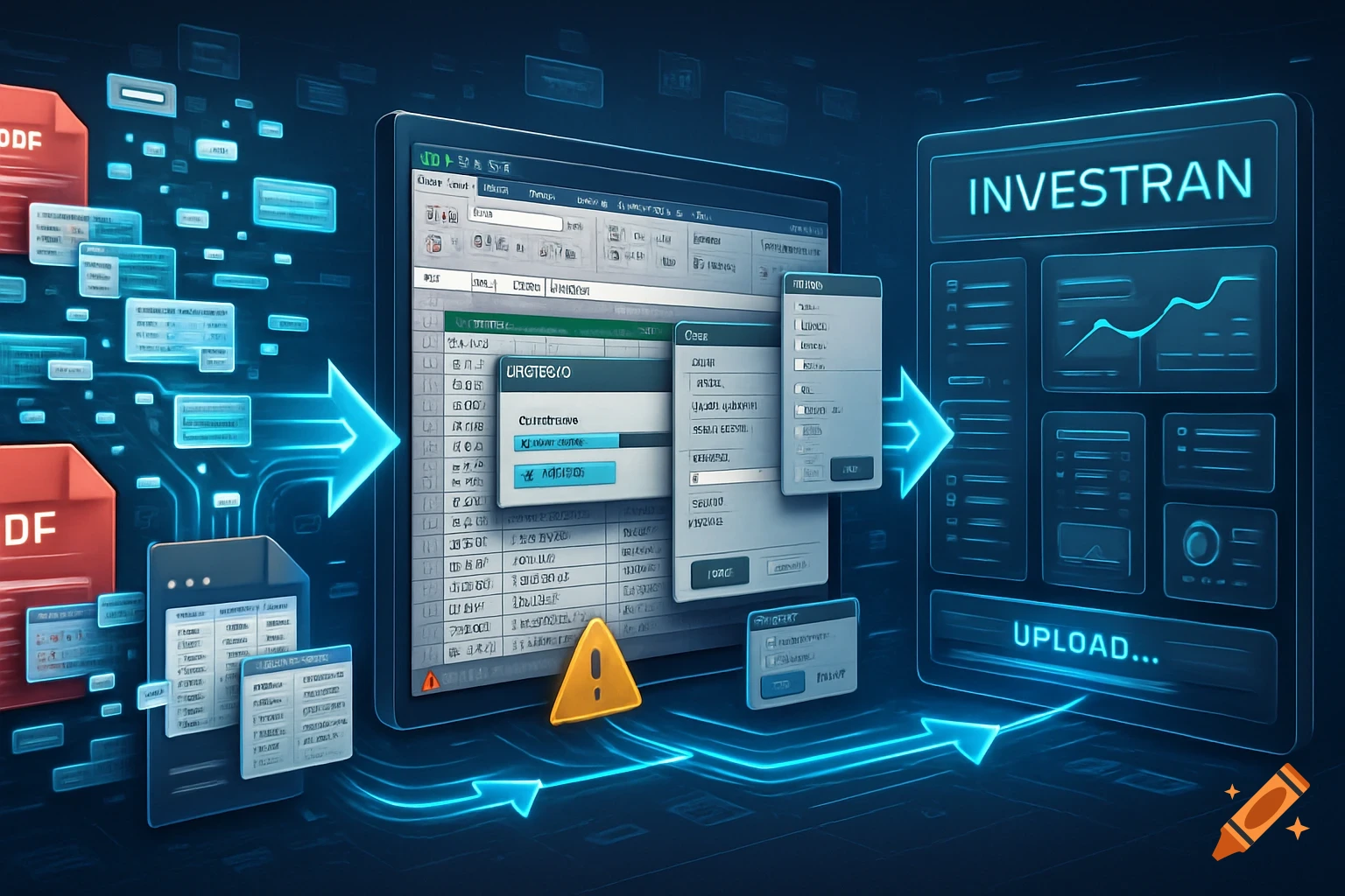 High-tech infographic showing data flowing from PDF files into a spreadsheet interface and then being uploaded to a platform.
