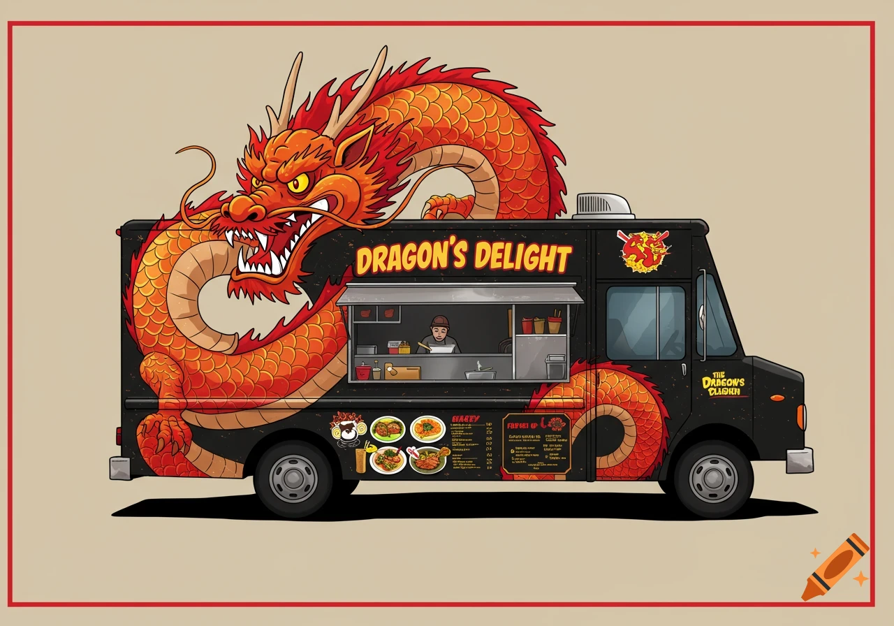 Illustration of a black food truck with a red and orange dragon wrapped around it. Text reads "Dragon's Delight".