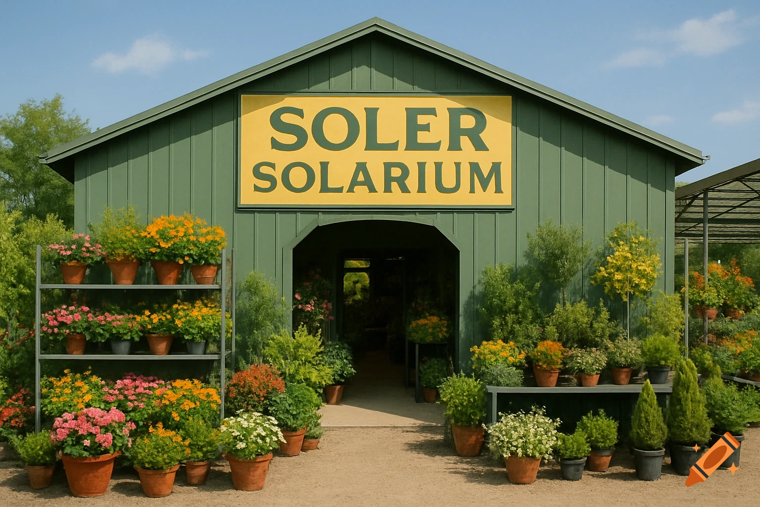 A green building with a sign for Soler Solarium and many potted plants displayed outside.