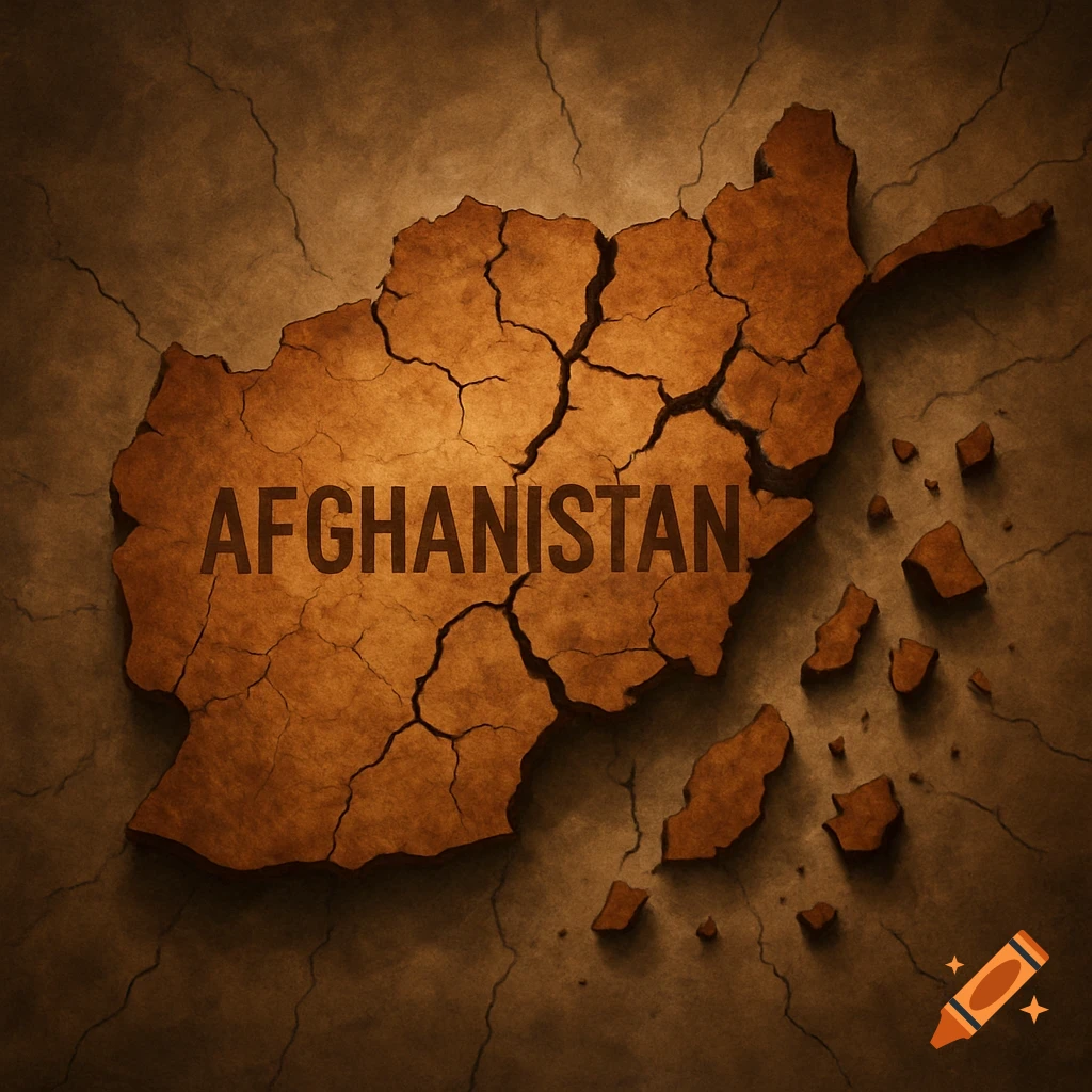 Textured map of Afghanistan cracking and breaking apart on a rough surface.