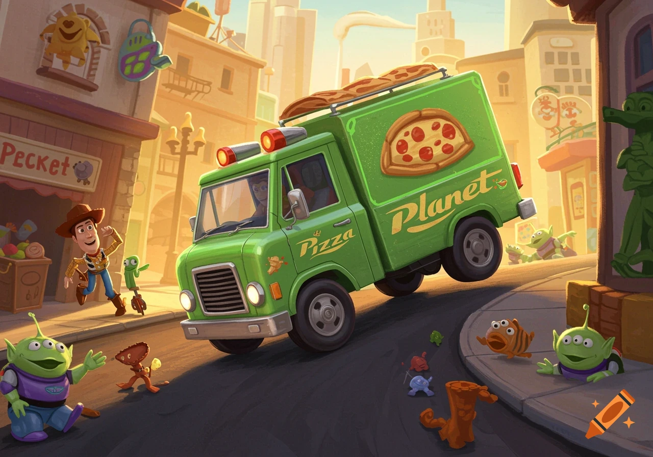 Woody, green aliens, and the Pizza Planet truck on a street in an animated style.