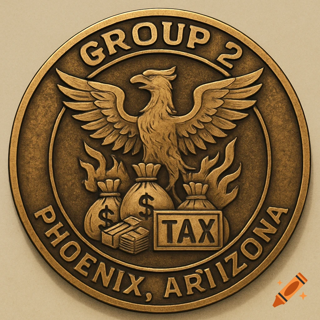 Bronze coin with an eagle, money bags, cash stacks, and text 'GROUP 2, TAX, PHOENIX, ARIIZONA'.