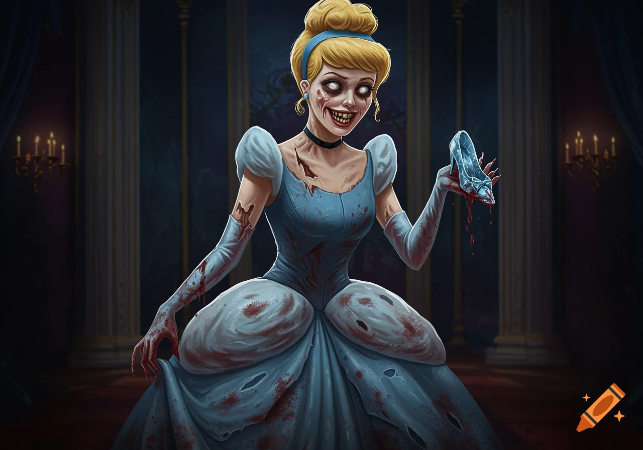 Zombie Cinderella in a tattered, bloody dress holds a bloody glass slipper in a dark ballroom.