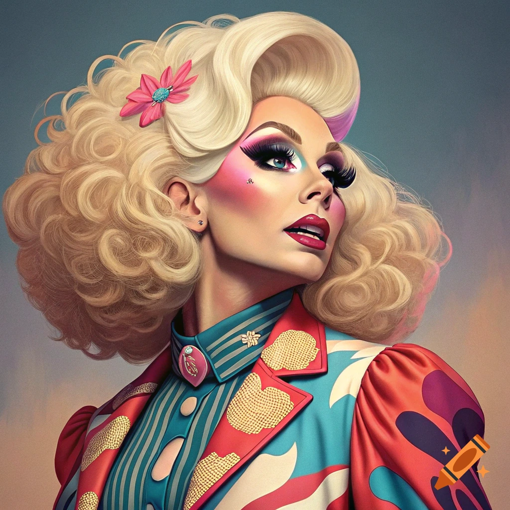 Vibrant artistic portrait of a person with blonde hair, elaborate makeup, and a colorful striped jacket.