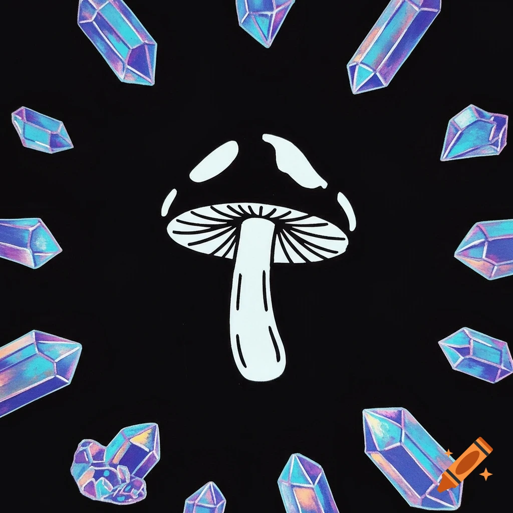 A white stencil outline of a mushroom surrounded by glowing blue and purple crystals on a black background.