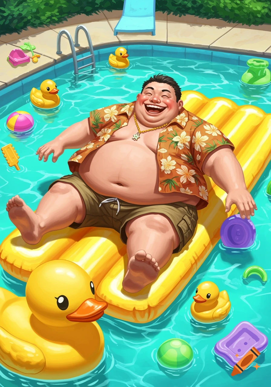 A happy cartoon man floats on a yellow raft in a swimming pool filled with rubber ducks and pool toys.