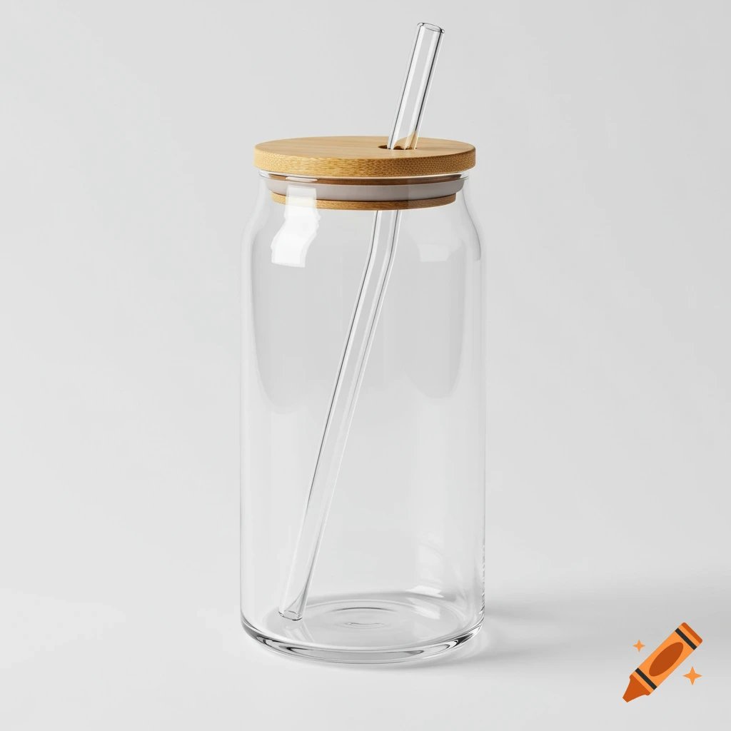 Transparent glass can-shaped tumbler with bamboo lid and glass straw on white background.