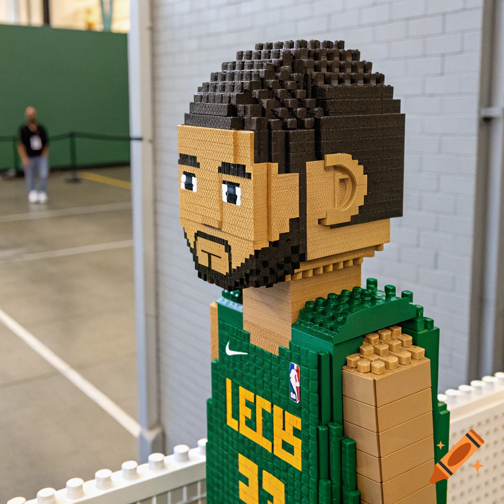 Photo of a LEGO sculpture of a person in a green sports jersey with LEGIS 35.