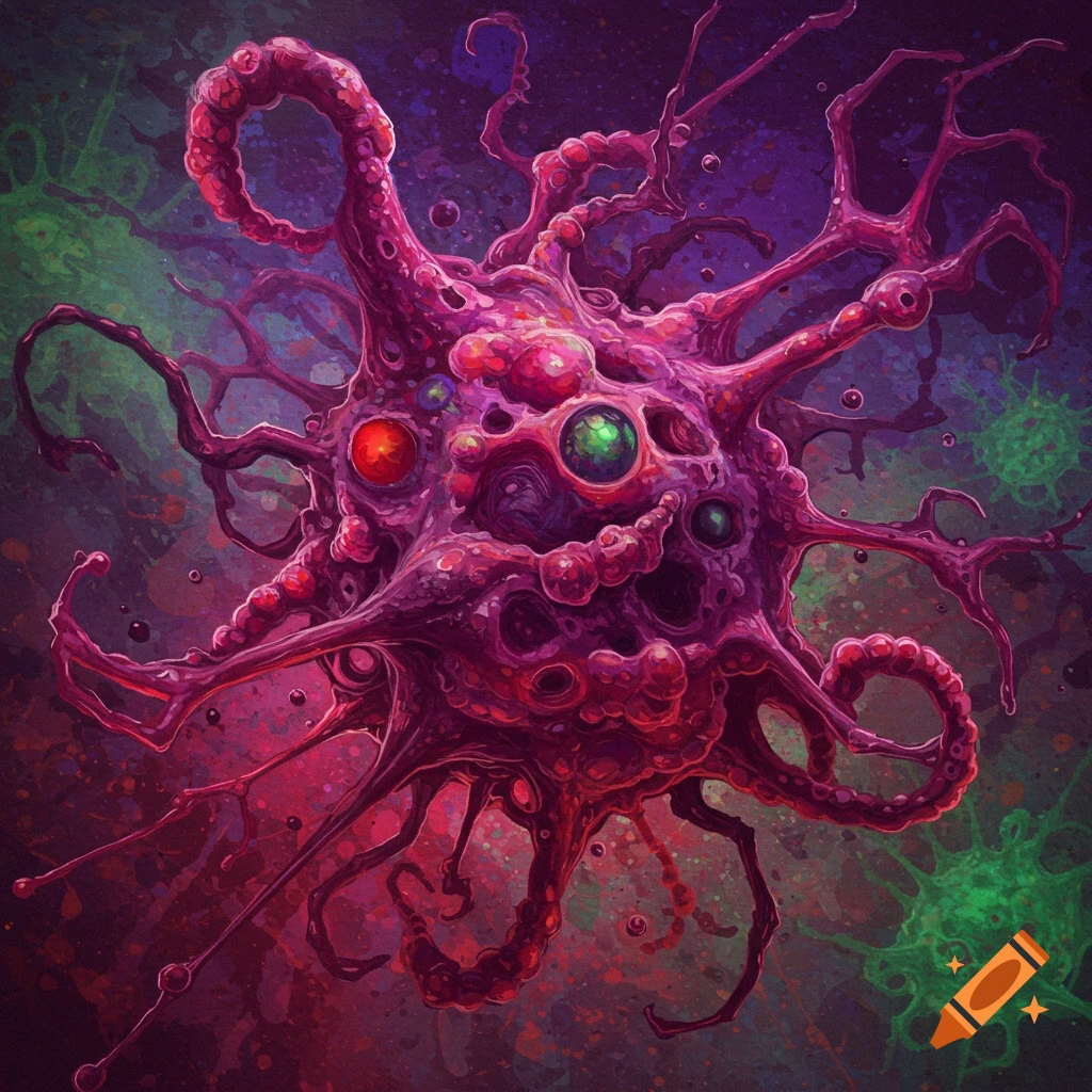 A monstrous pink and purple organism with tentacles and eyes surrounded by smaller green organisms in a painterly style.