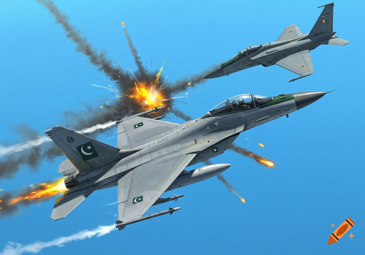 Illustrative image of Pakistani and Indian fighter jets in aerial combat with explosions and smoke.