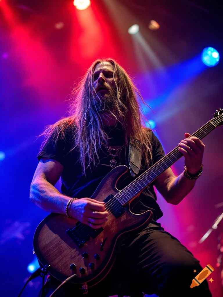 A man with long hair and beard plays an electric guitar on stage under red and blue lights.