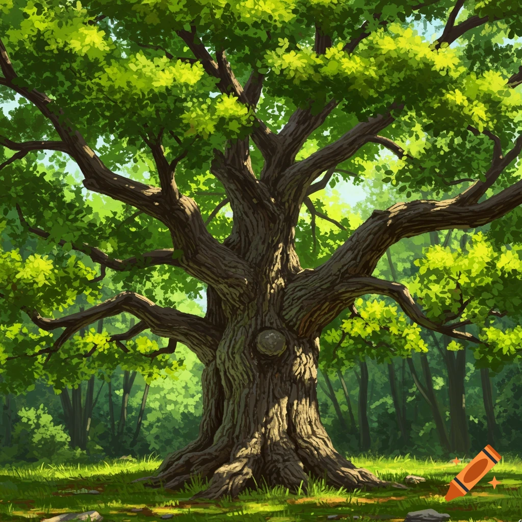 Illustration of a large, old tree with green leaves in a sunny forest clearing.