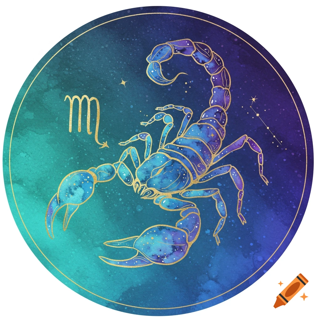 A blue and purple watercolor illustration of a scorpion in a circular frame, with the gold Scorpio zodiac symbol next to it.