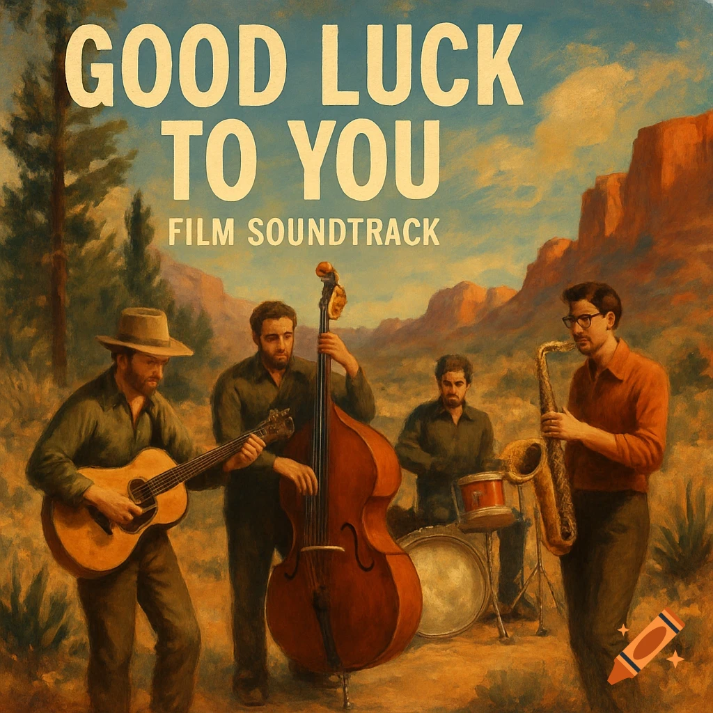 Painted image of a band playing guitar, bass, sax, drums in a desert landscape with text 'GOOD LUCK TO YOU FILM SOUNDTRACK'.