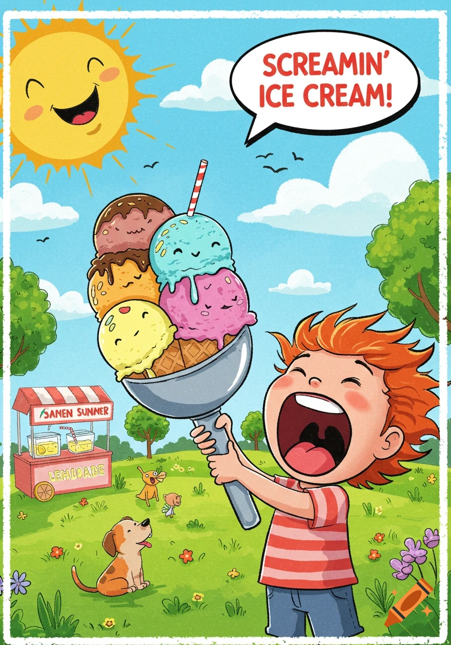 Cartoon of a boy screaming in joy while holding a large ice cream cone in a sunny park