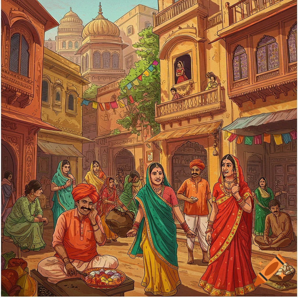 A busy, detailed illustration of a street scene in an Indian town with people in traditional clothing and ornate buildings.