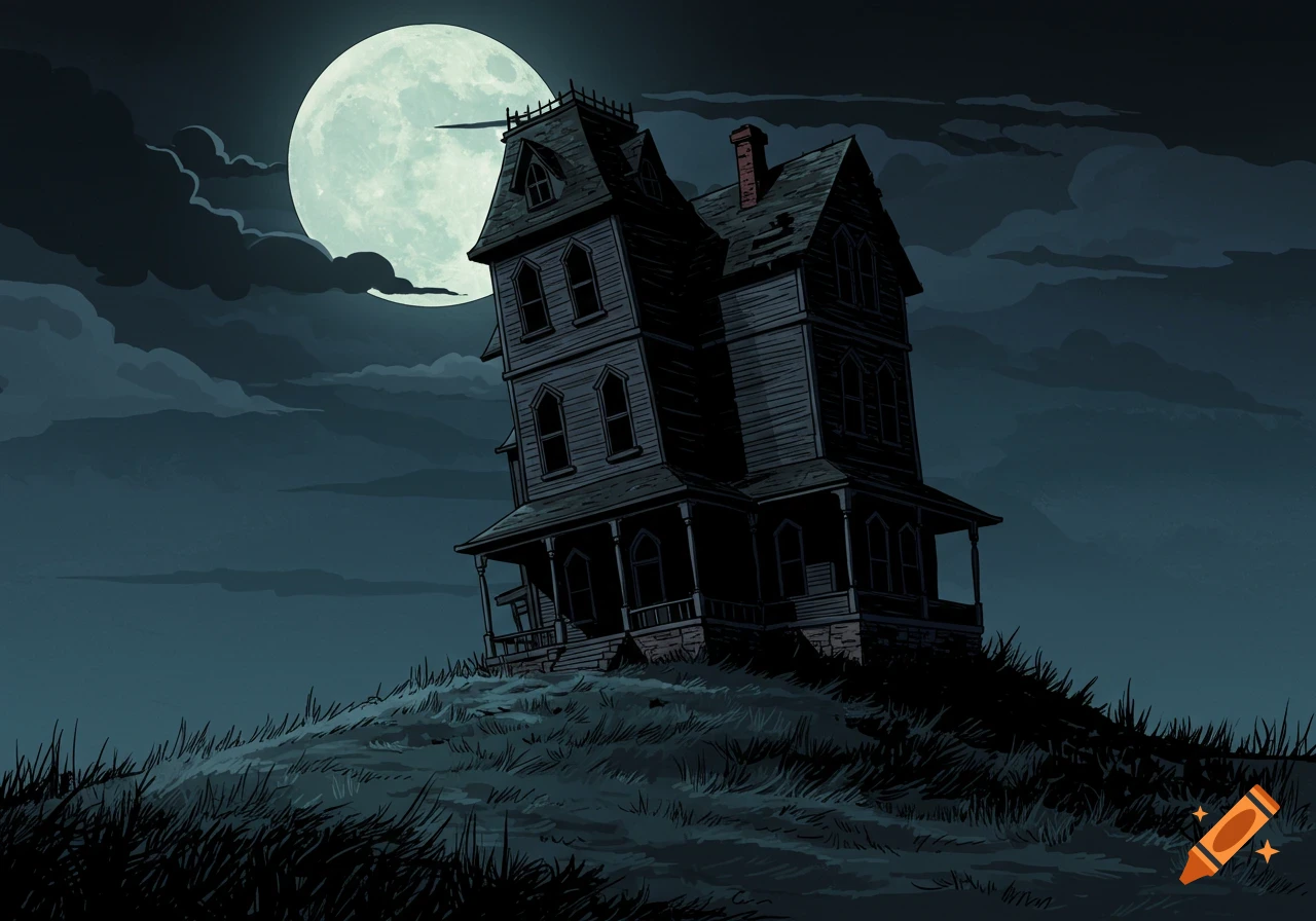 Illustration of a spooky haunted house on a hill at night with a full moon.