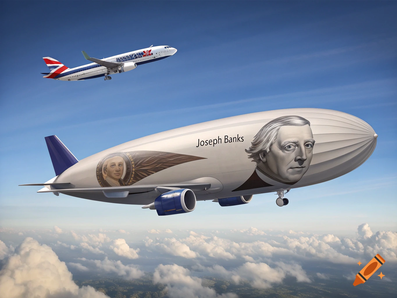 A blimp with Joseph Banks' face and name flies alongside a British Airways plane over clouds.