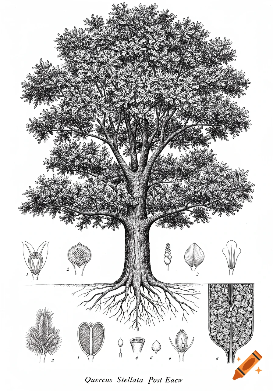 Detailed pen-and-ink botanical illustration of an oak tree with roots and inset diagrams.