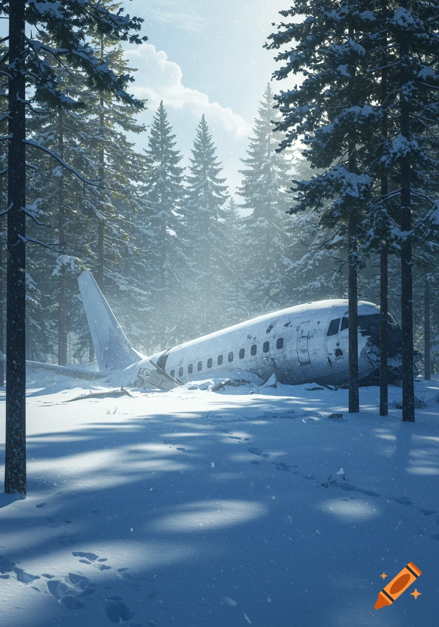 A crashed airplane lies in a snowy forest with sunlight streaming through the trees.