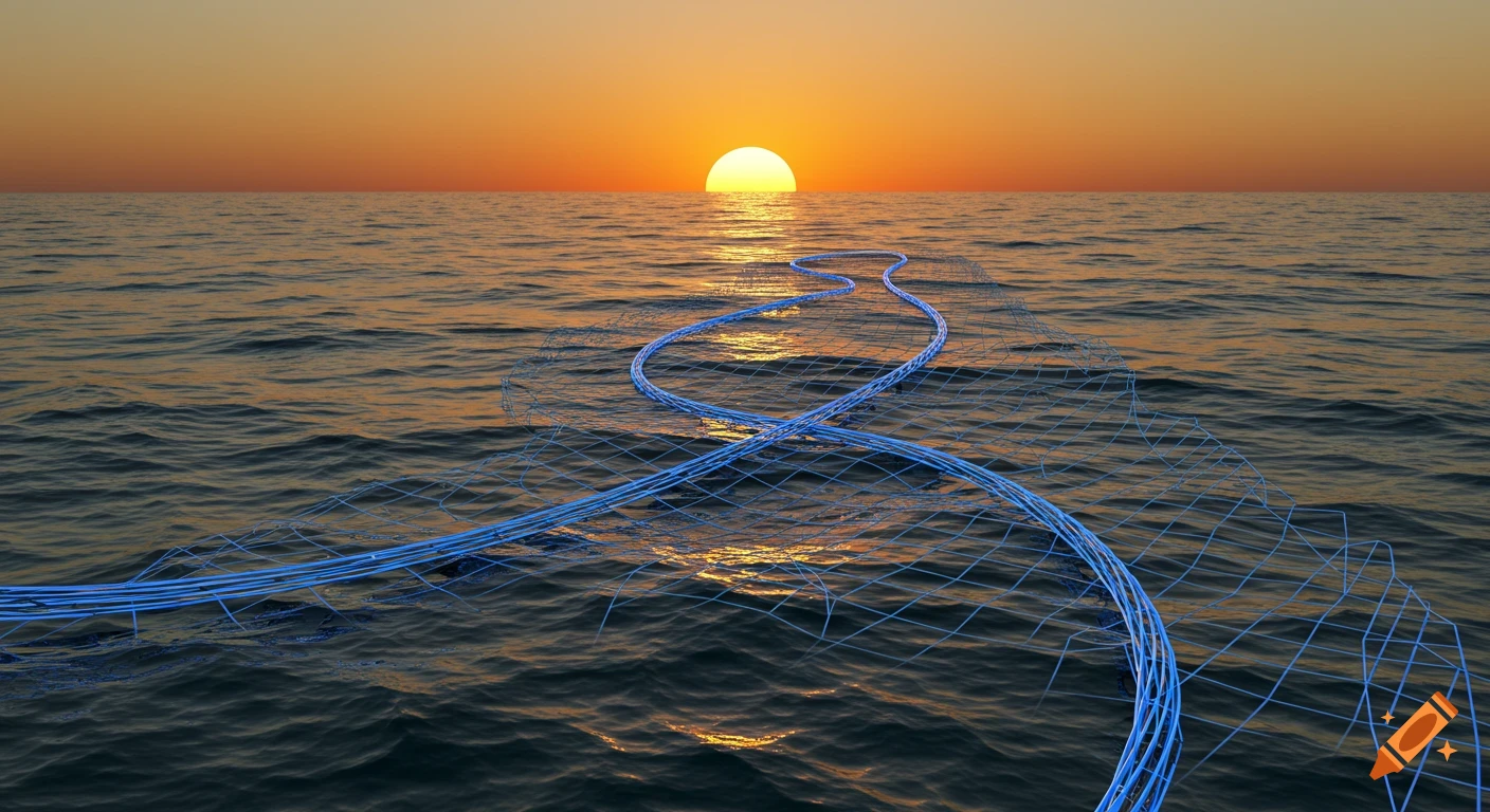 Blue mesh net undulates on the sea surface at sunset.