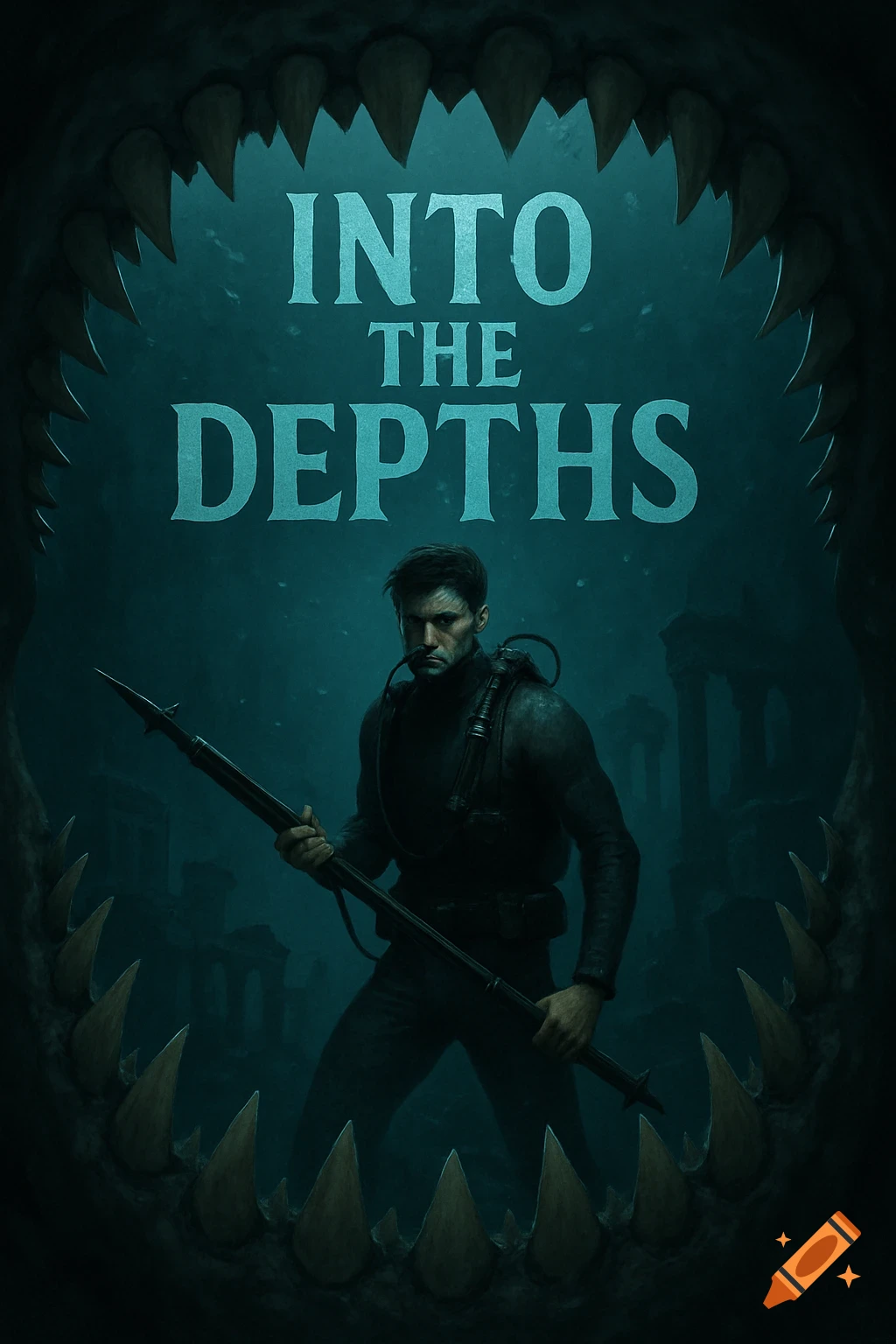 Diver with harpoon framed by shark teeth underwater with ruins in background. Title: INTO THE DEPTHS.