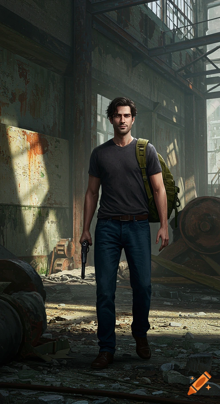 Man with backpack and gun in abandoned building