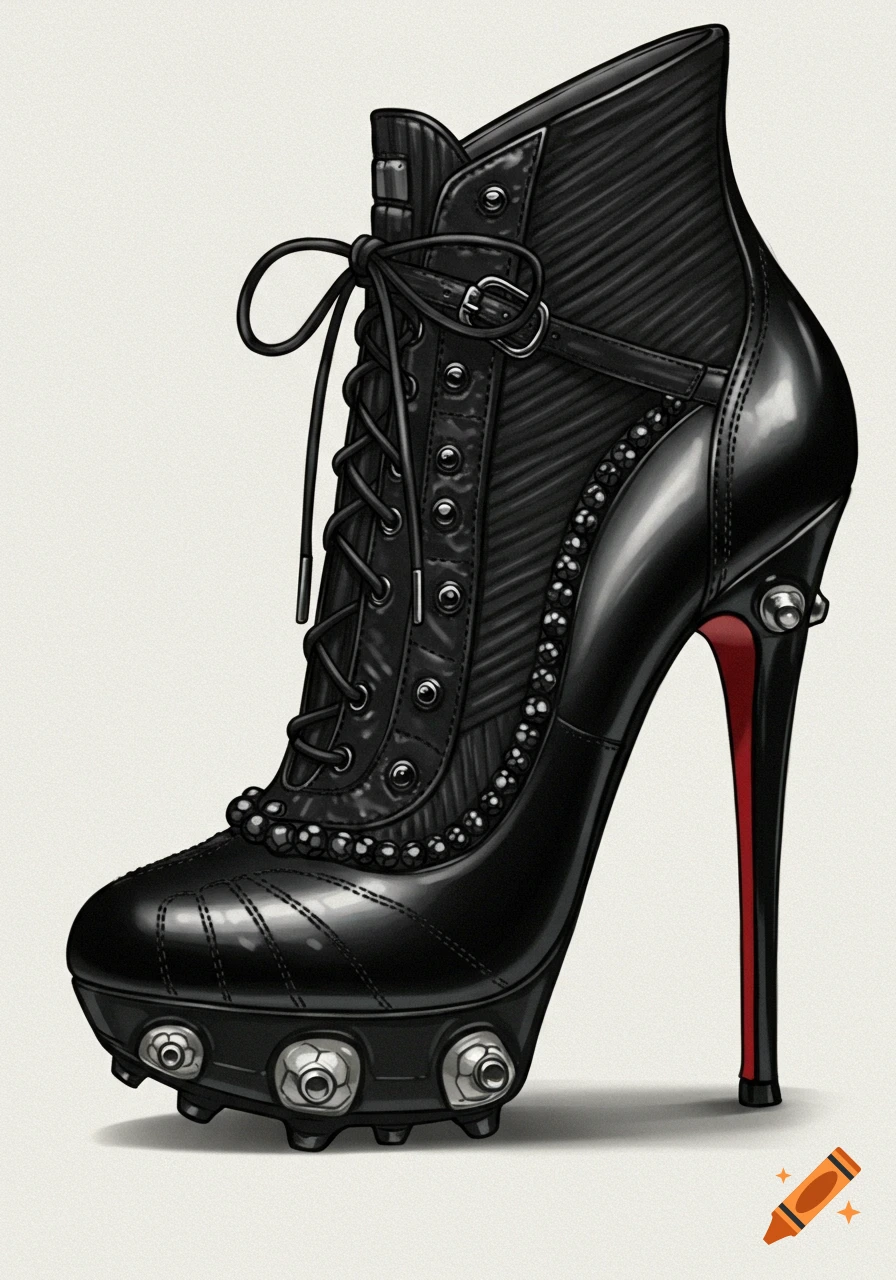 Detailed illustration of a black high-heeled boot with laces, studs on the sole, and a red heel.
