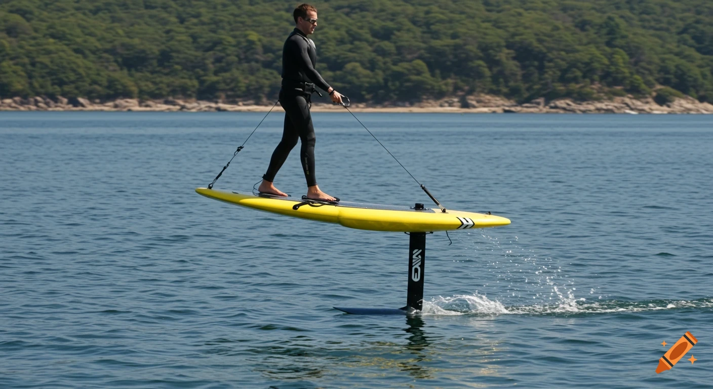 Person riding a yellow hydrofoil board on the water