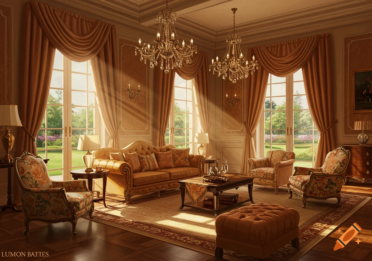 Luxurious living room with chandeliers and antique furniture by sunlit windows.