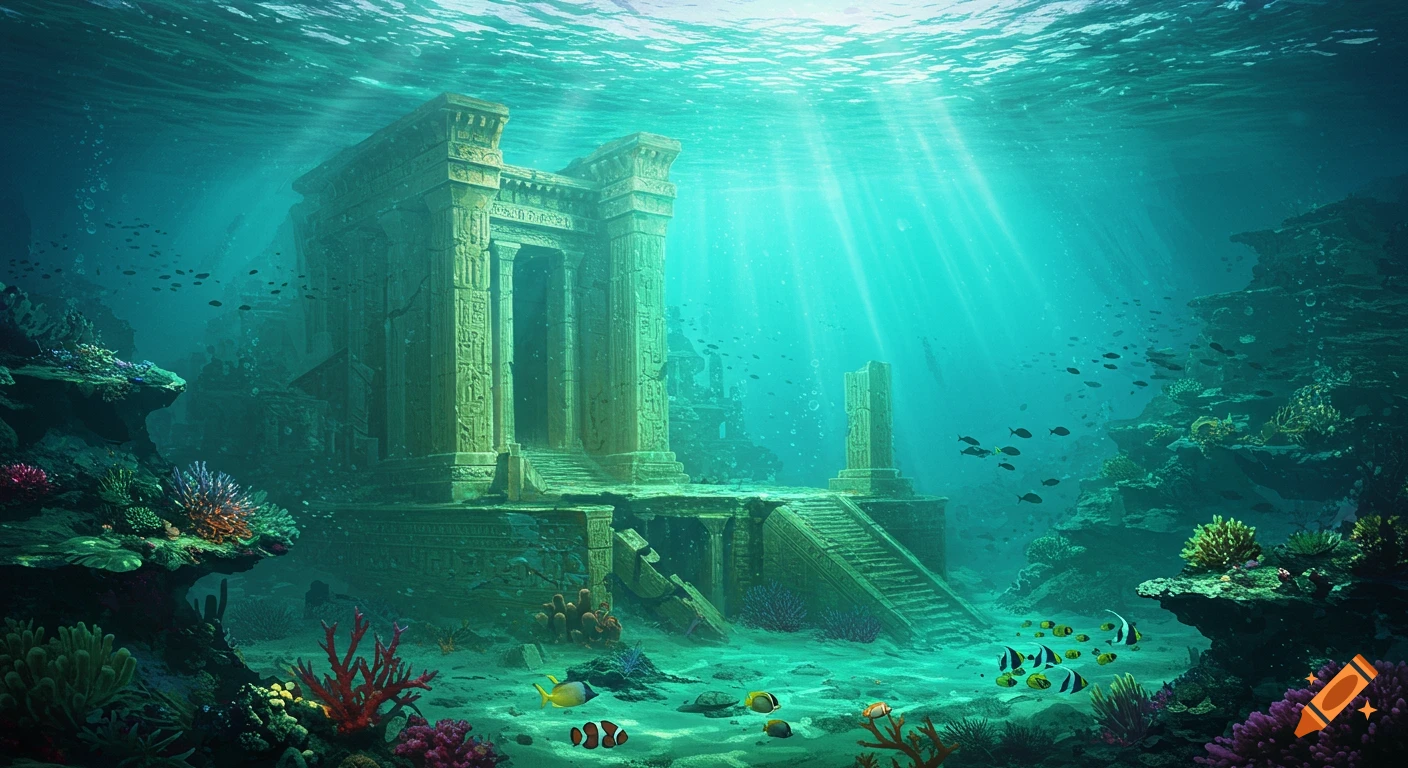 Underwater view of a sunken temple surrounded by coral and fish, with sun rays filtering through the turquoise water.