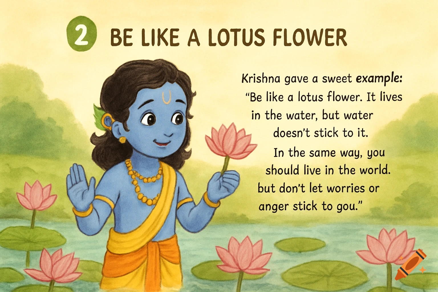 Cartoon illustration of blue-skinned Krishna holding a lotus flower in water with text about being like a lotus.