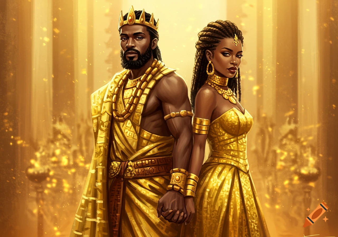 A royal African couple in elaborate gold garments holding hands.