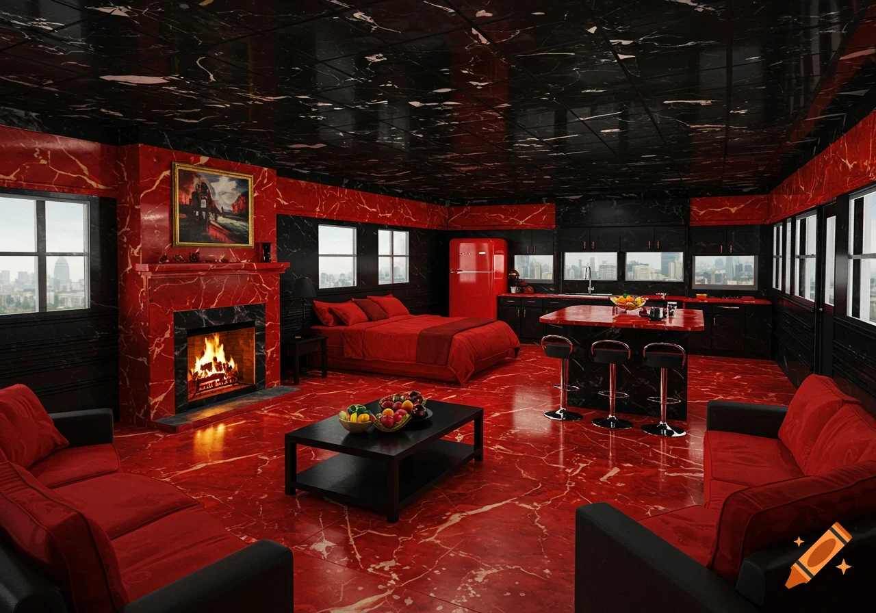 Luxurious room with red & black marble, red furniture, fireplace, kitchen, and bed.