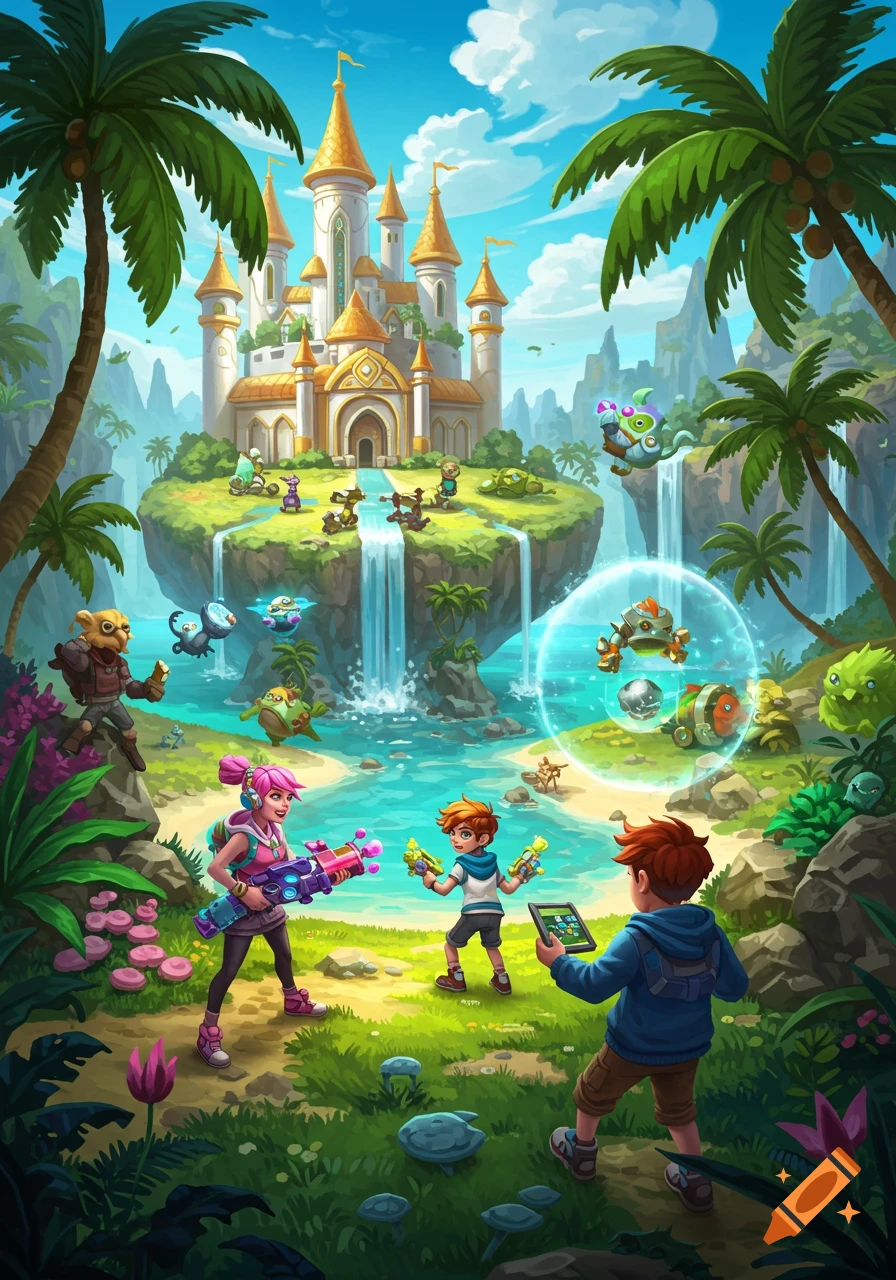 Cartoon illustration of two kids playing an AR game with monsters on a tropical fantasy island with a castle.