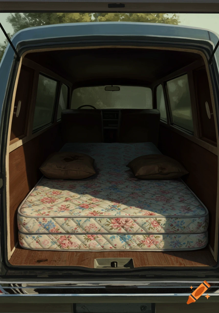 Back of a van with a floral mattress and two pillows inside.
