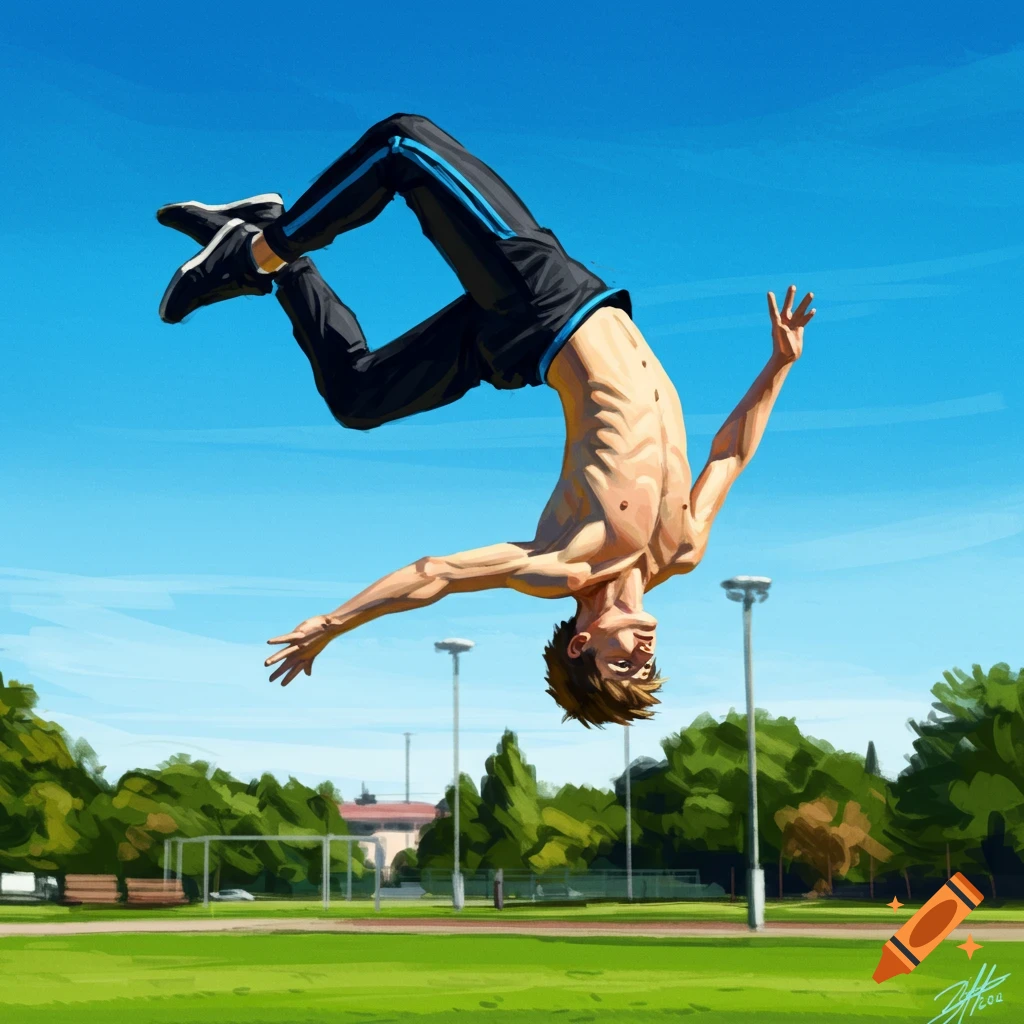 A man does a backflip outdoors in a park, digital painting.
