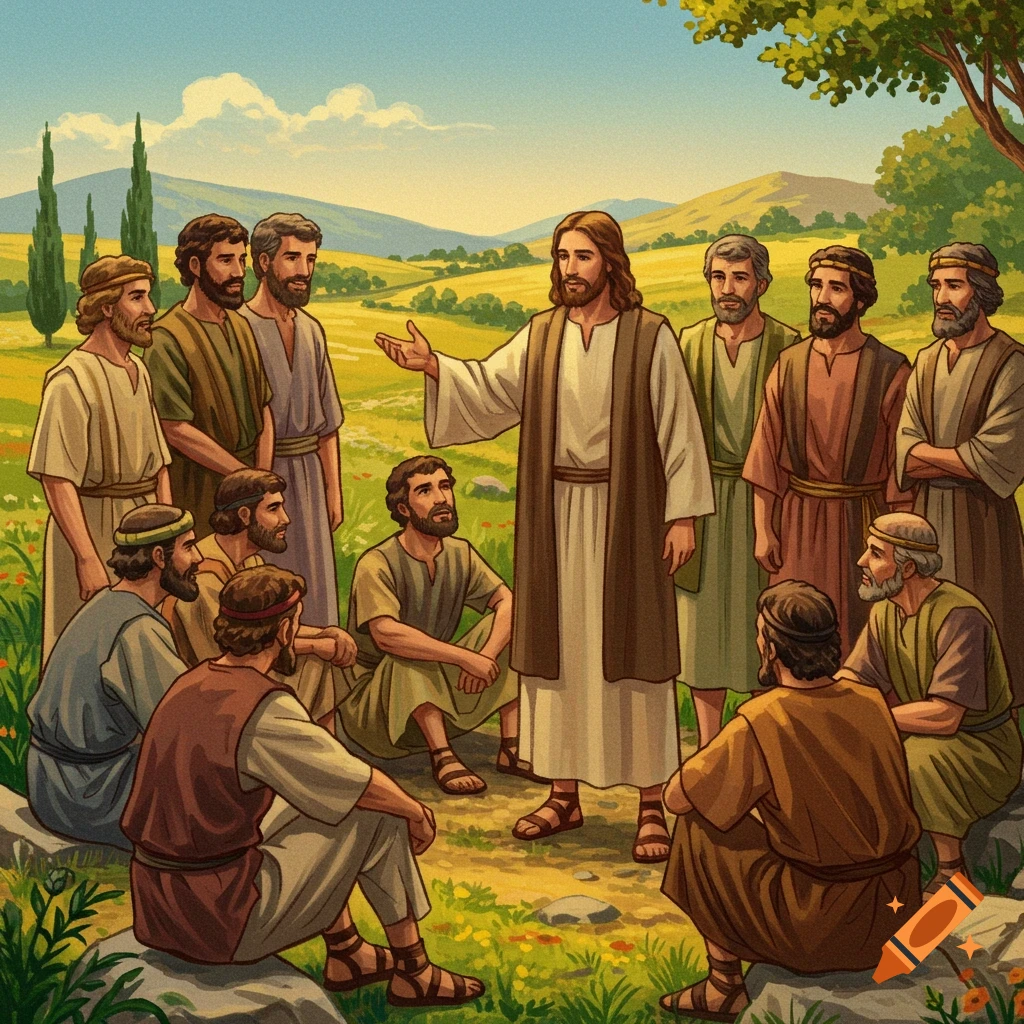 Storybook illustration of Jesus teaching his disciples in a field.