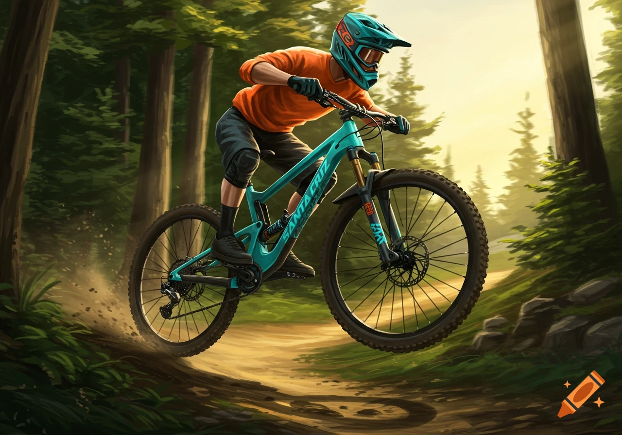 A mountain biker rides a teal Santa Cruz bike on a forest trail.
