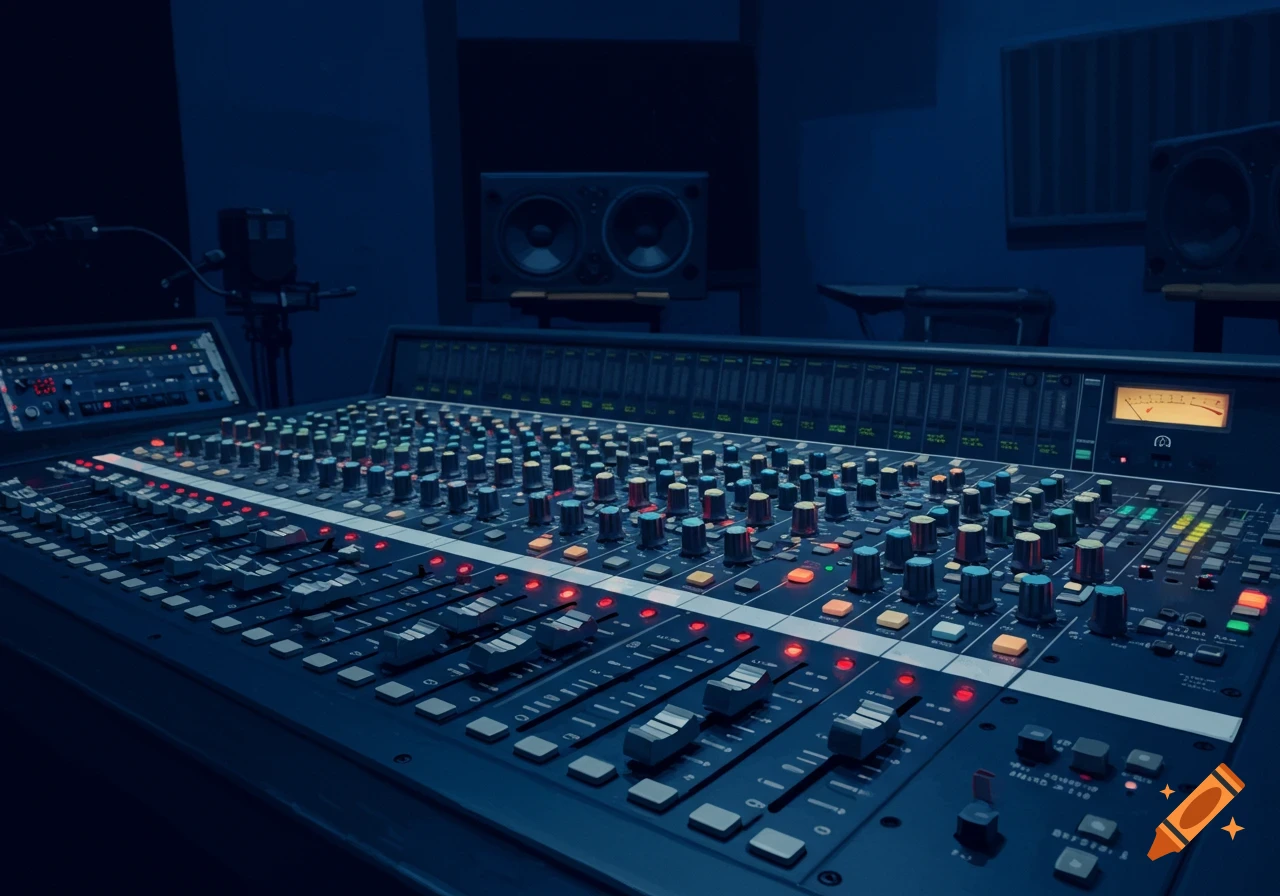 A close-up view of a large digital audio mixing console with many faders, knobs, and lit buttons in a dark studio.