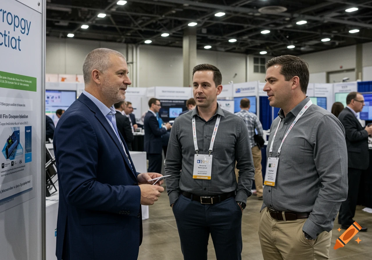 Three men talk at a conference booth.