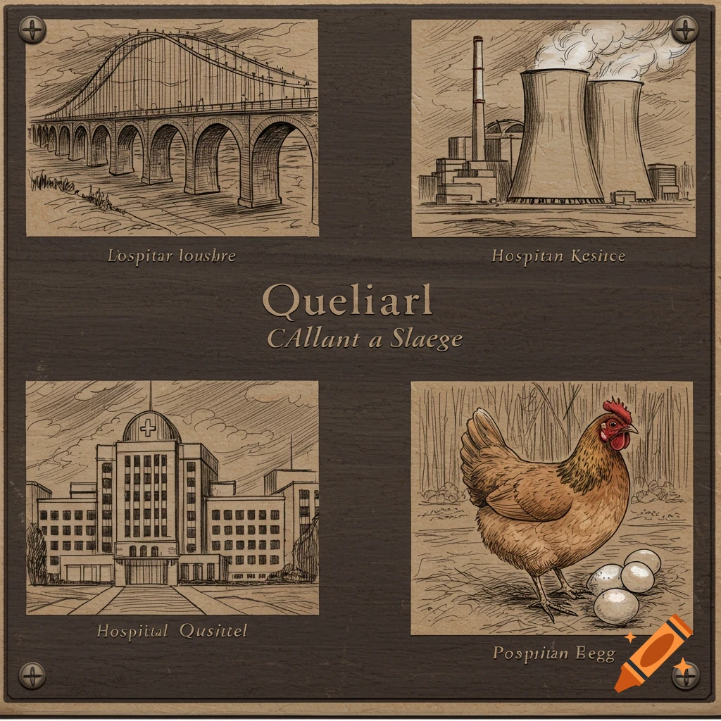 Four sketch panels on a dark background: a bridge, power plant, hospital, and a hen with eggs.