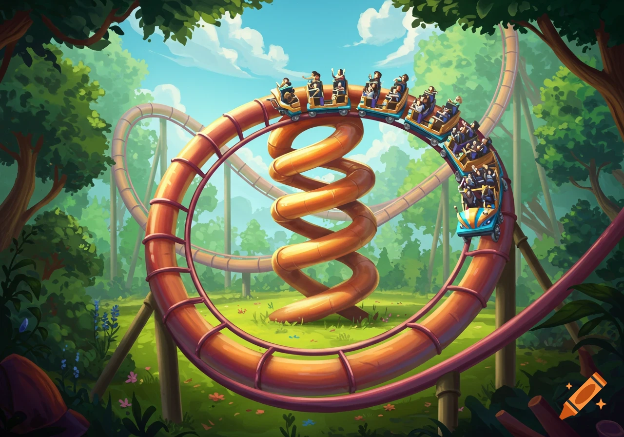 Cartoon illustration of a corkscrew roller coaster with people riding in a park setting.
