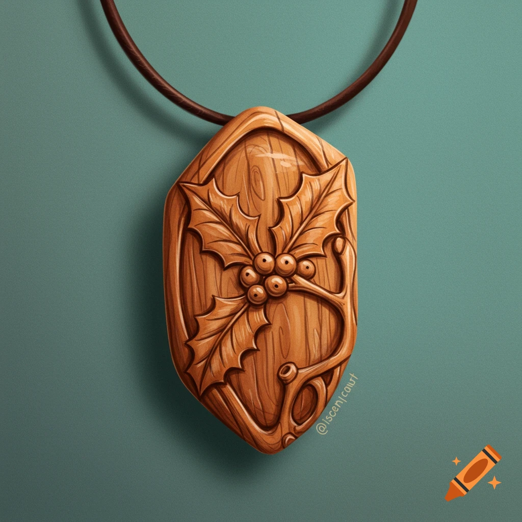 A stylized illustration of a wooden pendant necklace carved with a holly design.