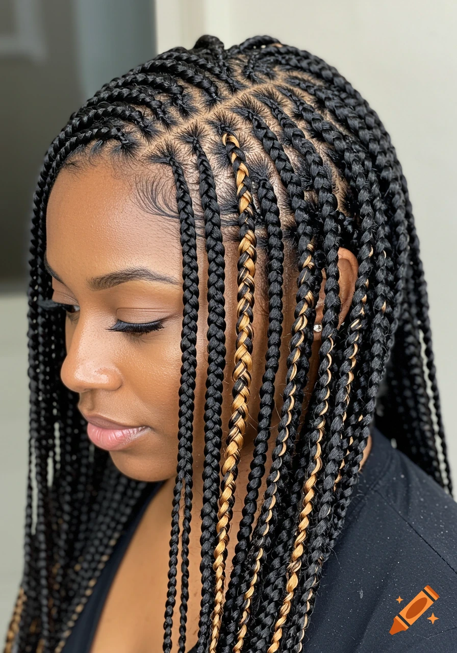 Close-up portrait of a woman with black and brown box braids.