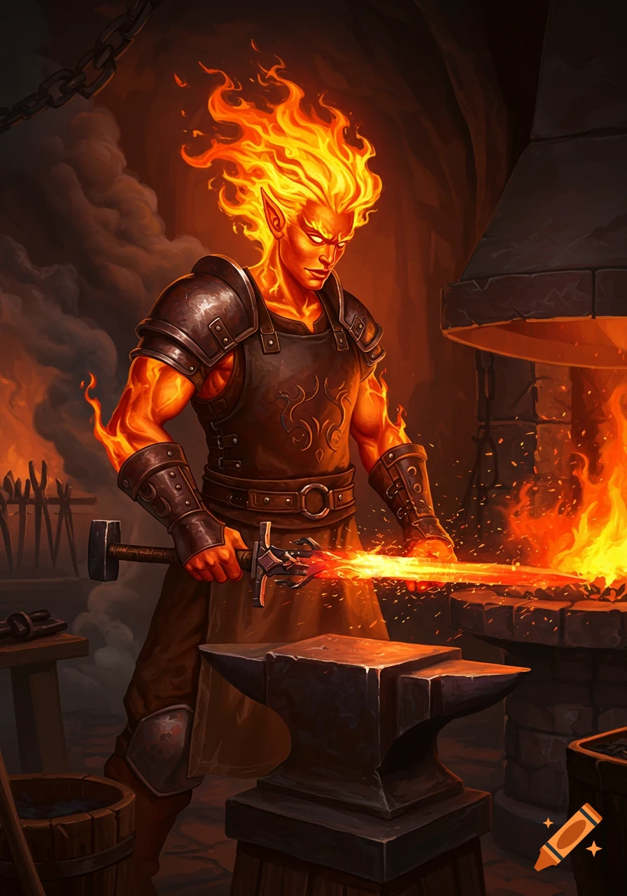 Fire genasi blacksmith hammering a glowing sword at an anvil in a forge.