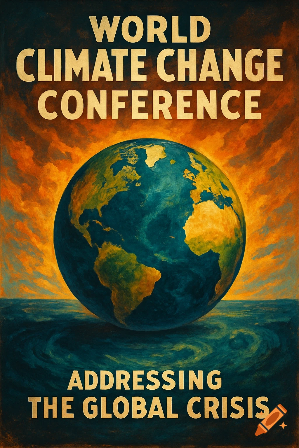 Poster in painting style showing Earth above water under fiery sky with text.